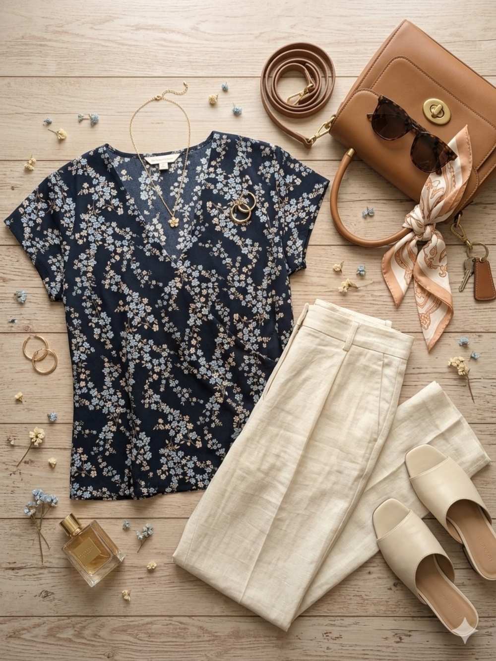 2/$15 Jules & Leopold Navy Floral V‑Neck Short Sleeve Blouse